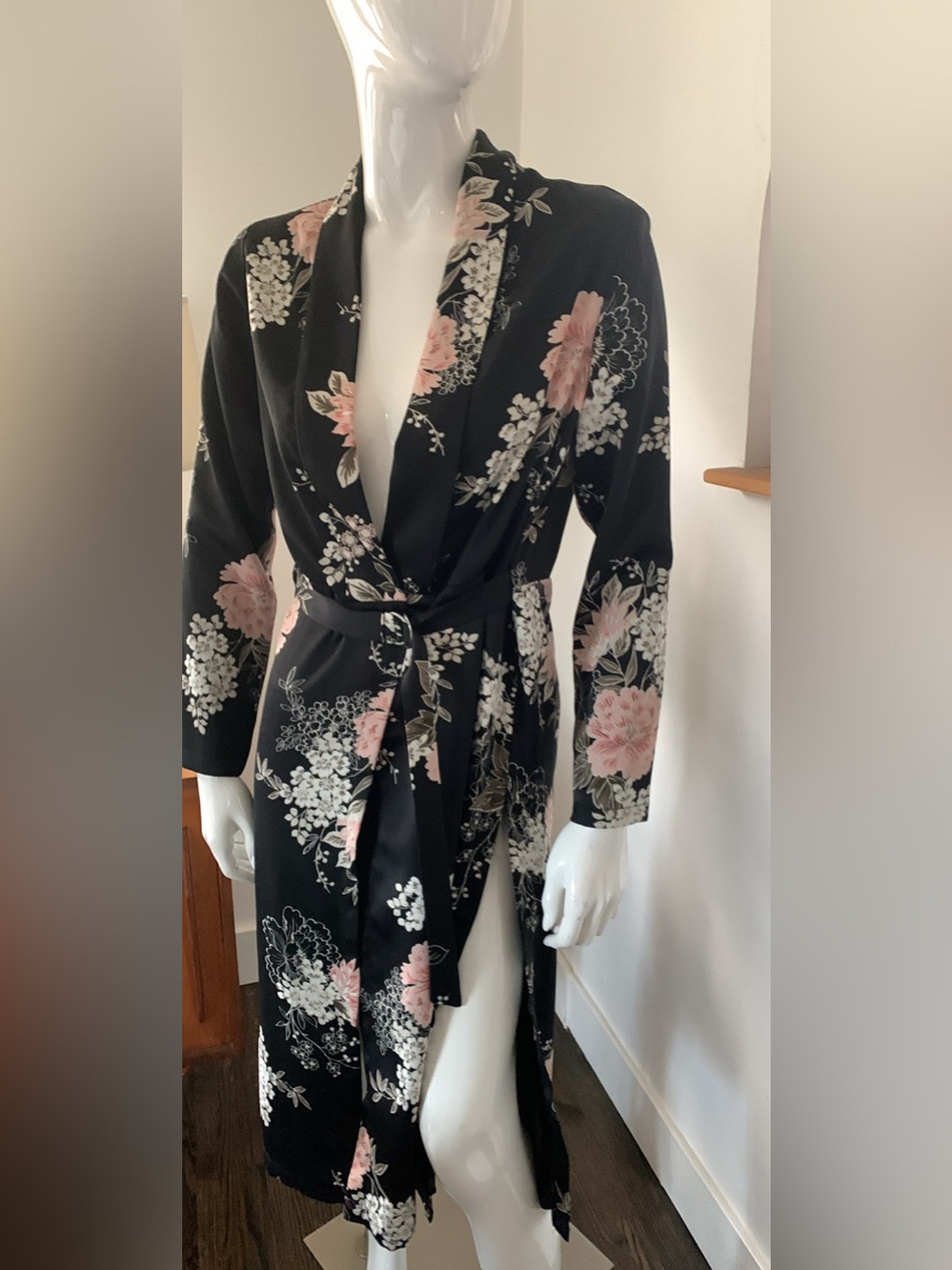 Dynamite Black Floral Tie-Waist Trench Coat with Pink & White Blooms